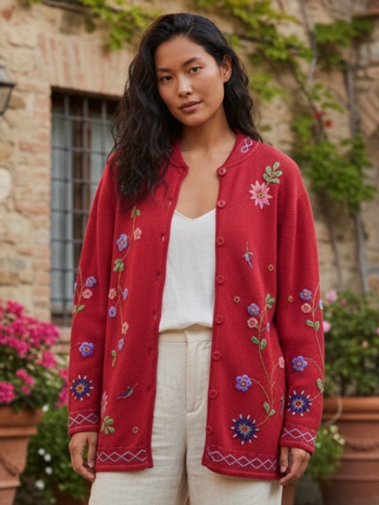 Coldwater Creek Sweaters - Coldwater Creek Cardigan Sweater Sz Medium Floral Embroidered Cottagecore Red